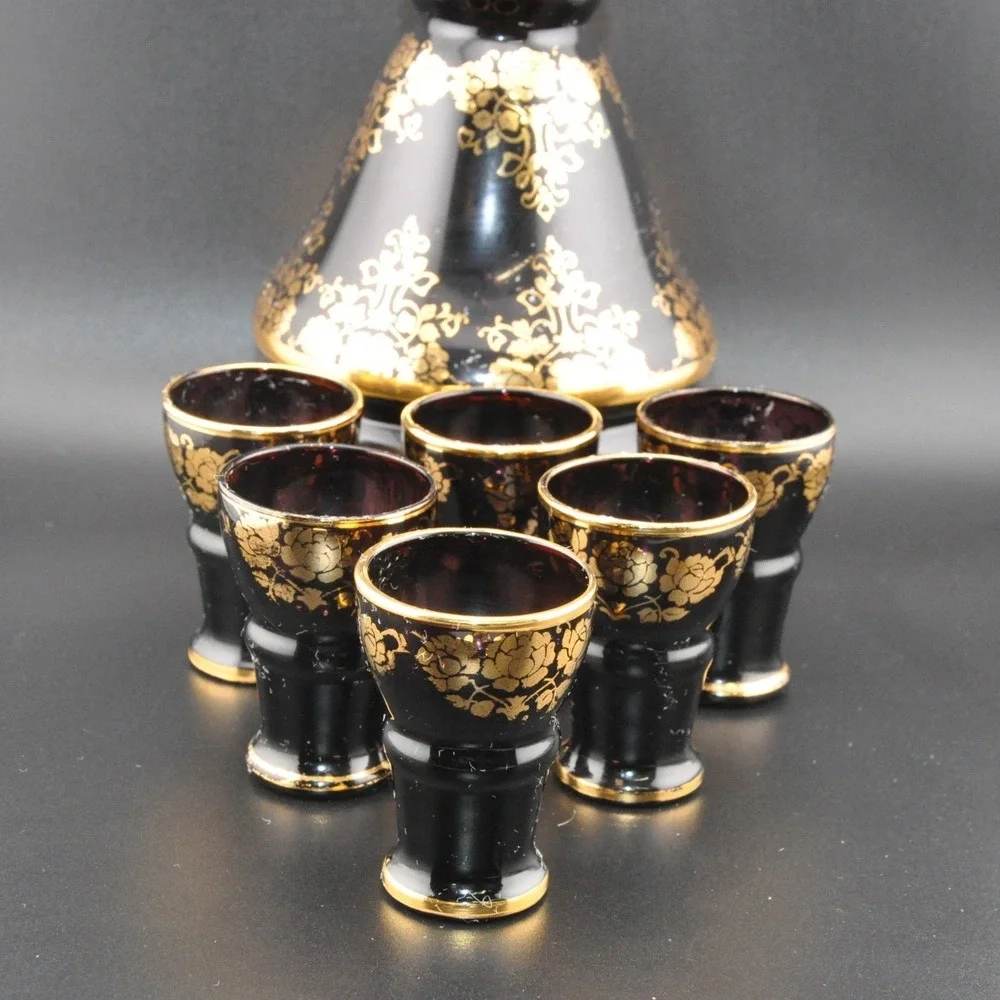 Vintage Italian Amethyst Glass Decanter Set‎ 7pc Black Gold Floral Excellent